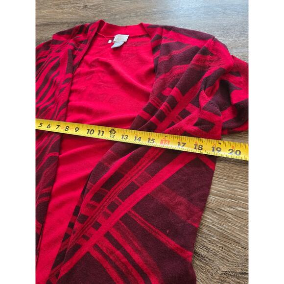 Chico’s Statement Knit Cardigan M – Red Abstract Print Open Front Workwear - Picture 8 of 8